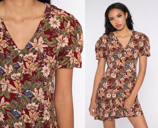 90s Burgundy Floral Romper Wide Leg Empire Waist Playsuit Small