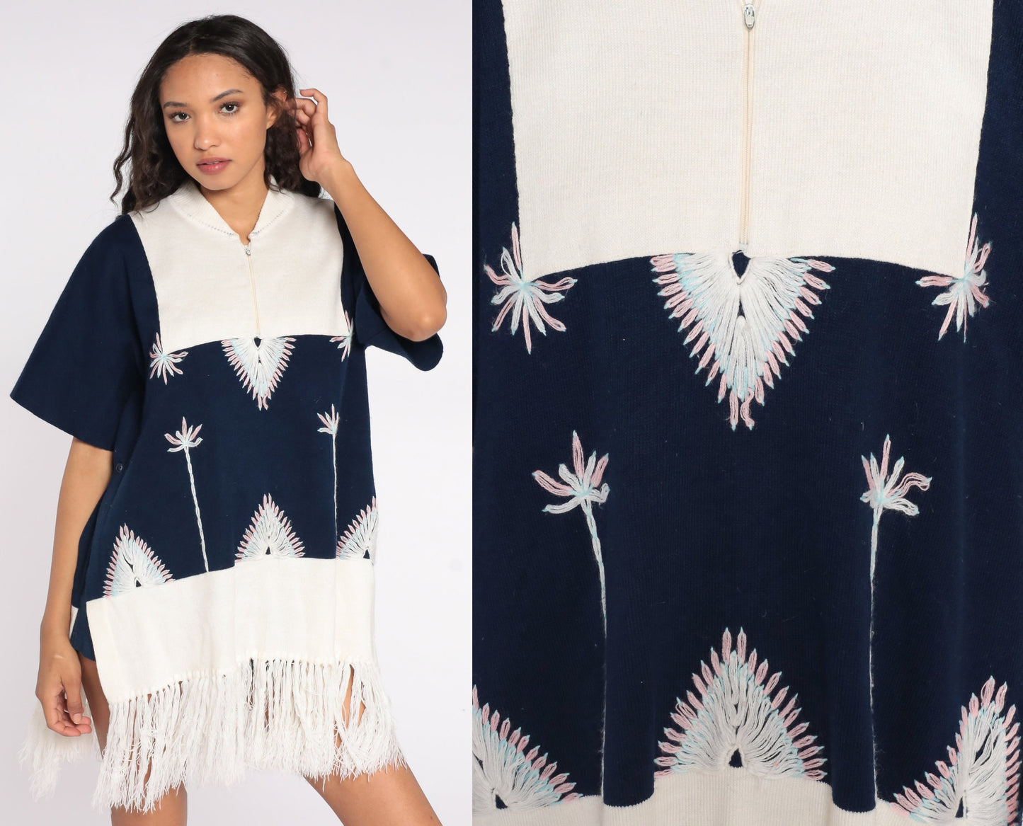 70s Navy Knit Poncho Sweater Floral Embroidery Fringe Shawl Medium Large