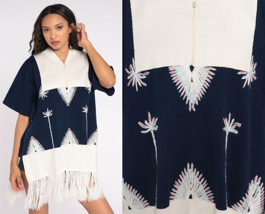 70s Navy Knit Poncho Sweater Floral Embroidery Fringe Shawl Medium Large