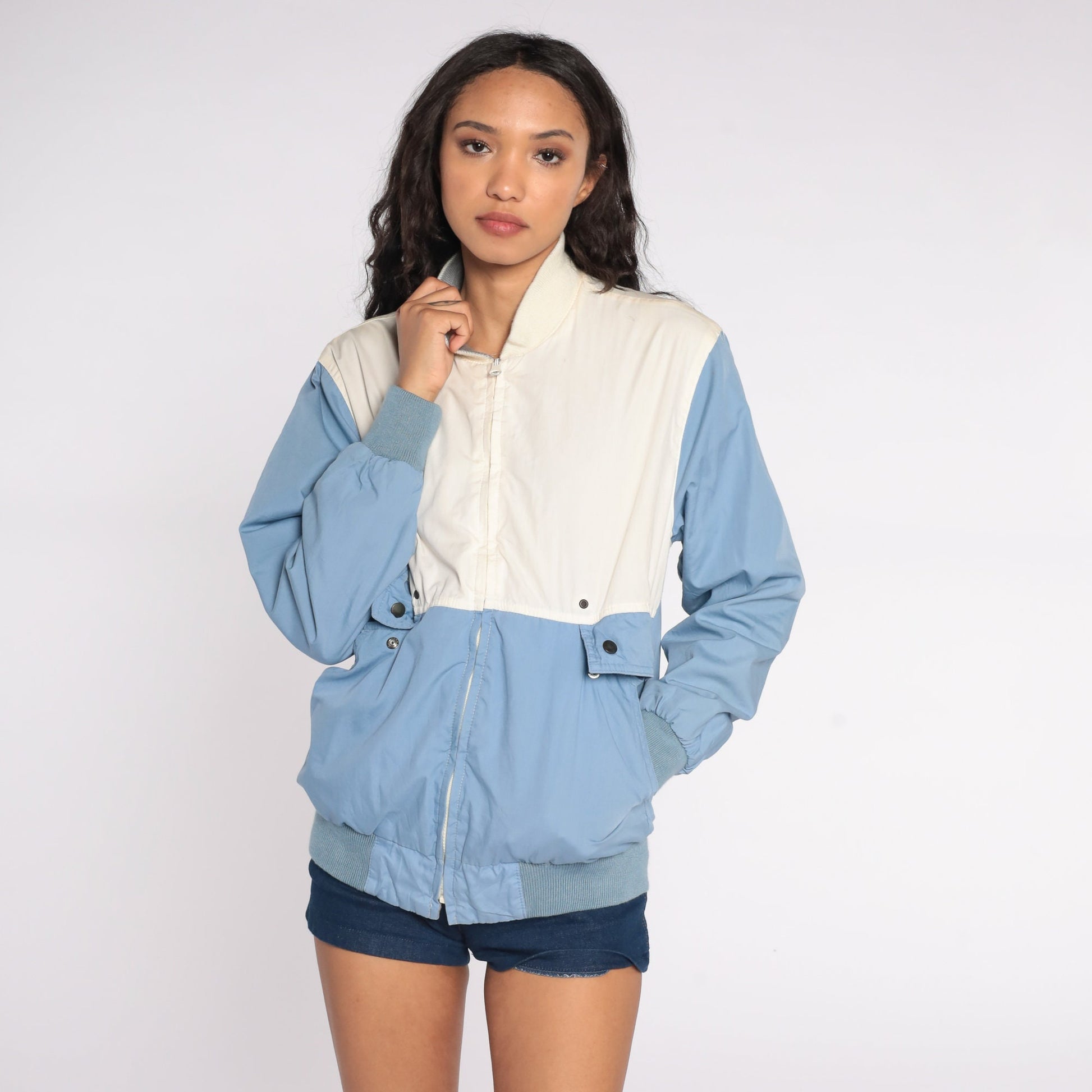 80s Baby Blue Reversible Windbreaker Jacket Color Block Grey White Small Medium