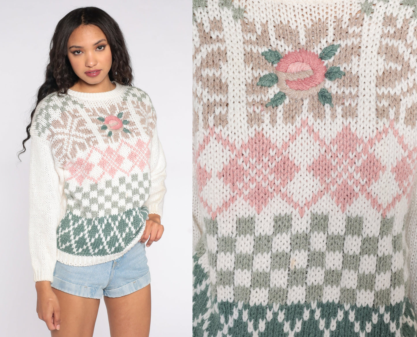 90s White Embroidered Rose Knit Sweater Checkered Argyle Pullover Medium