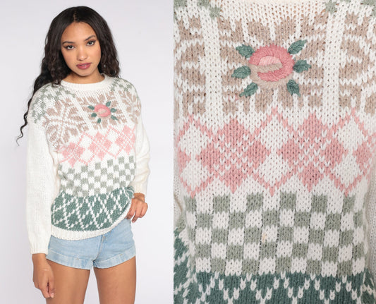 90s White Embroidered Rose Knit Sweater Checkered Argyle Pullover Medium