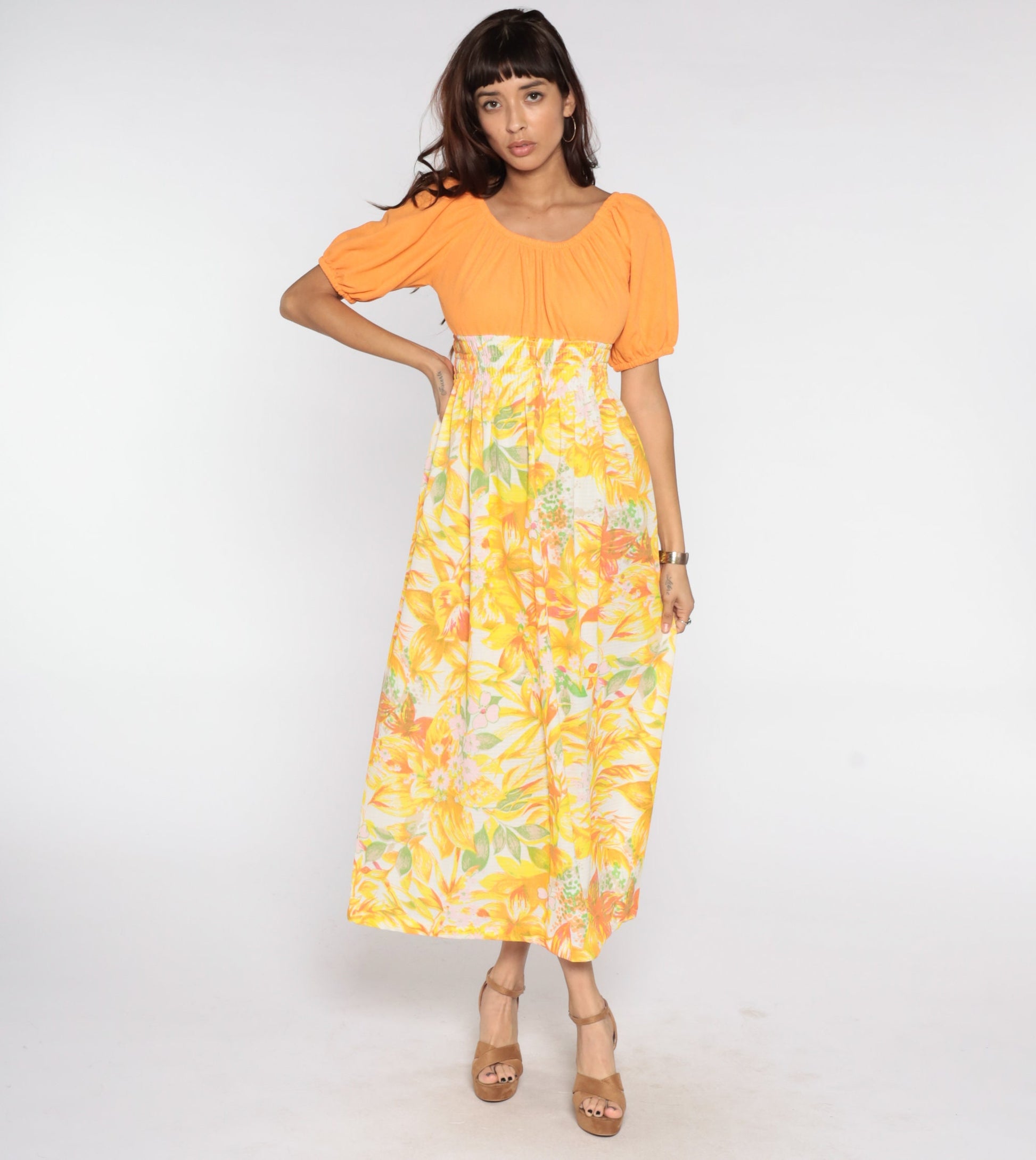70s Floral Maxi Dress Orange Smocked Empire Waist Peasant Medium