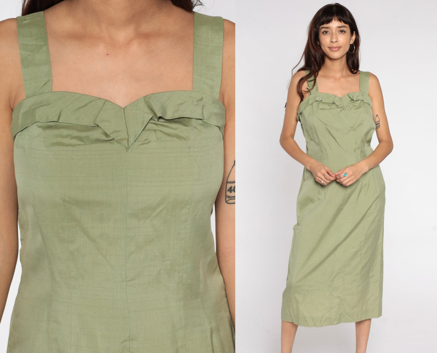 1950s Avocado Green Pencil Dress Sleeveless Tank Sheath Midi Large