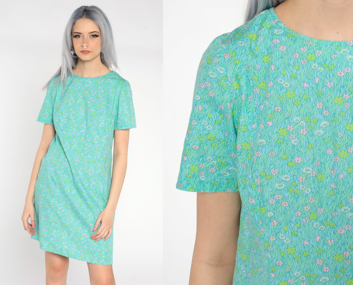 1960s Floral Shift Dress Mini Green Blue Mod Small S