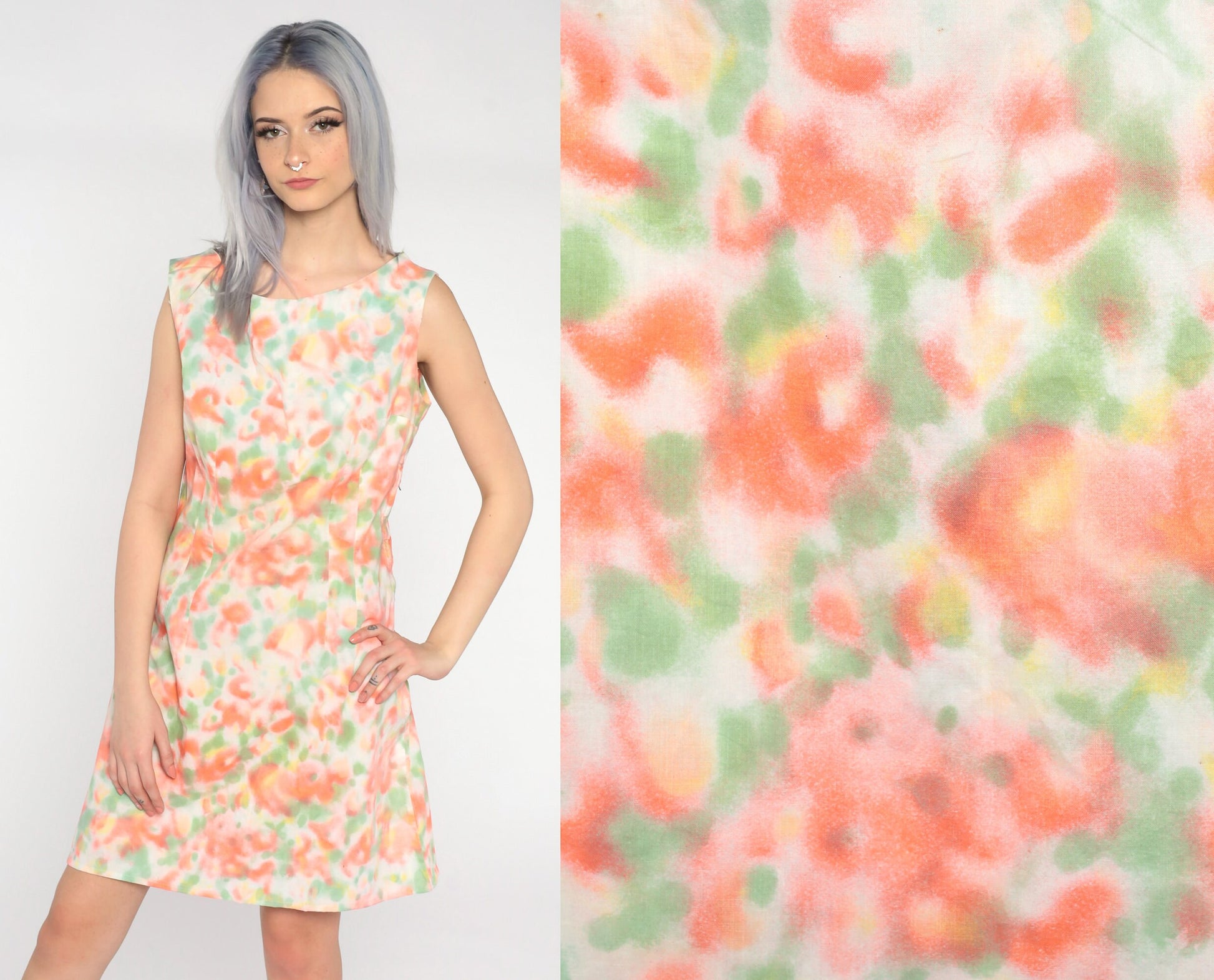1960s Mod Floral Mini Dress White Sleeveless Shift Medium Large