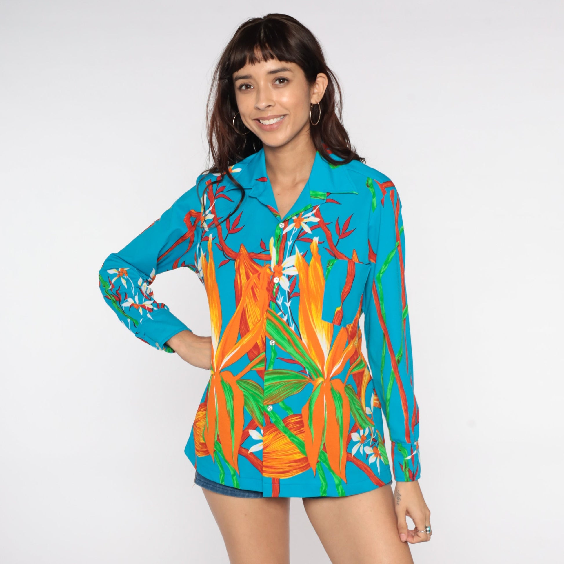 70s Blue Floral Button-Up Shirt Pointed Collar Long Sleeve Unisex Medium Large