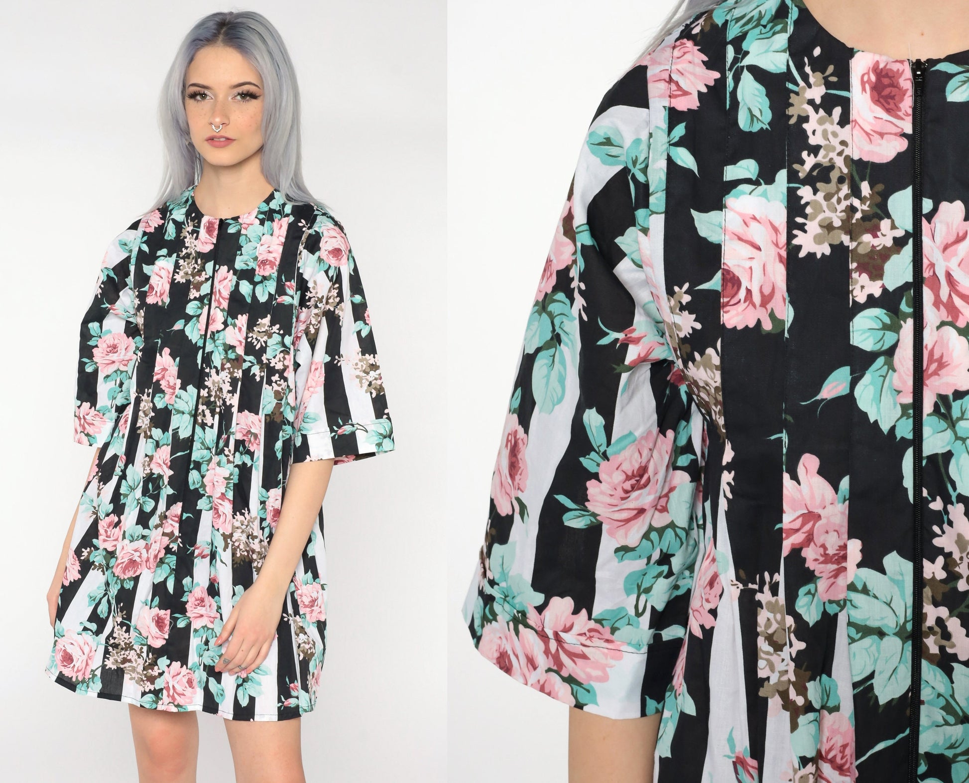 80s Floral Print Mini Dress Front Zip Shift Dress Black White Small