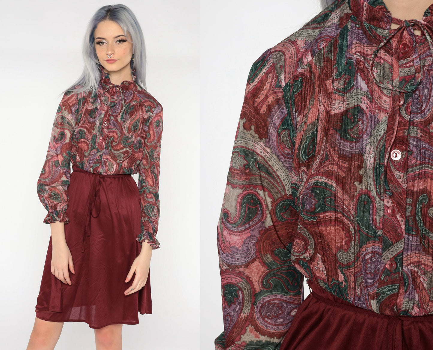 80s Paisley Mini Dress Burgundy Button-Up High Waisted Long Sleeve Small