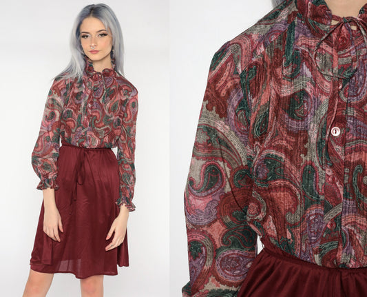 80s Paisley Mini Dress Burgundy Button-Up High Waisted Long Sleeve Small