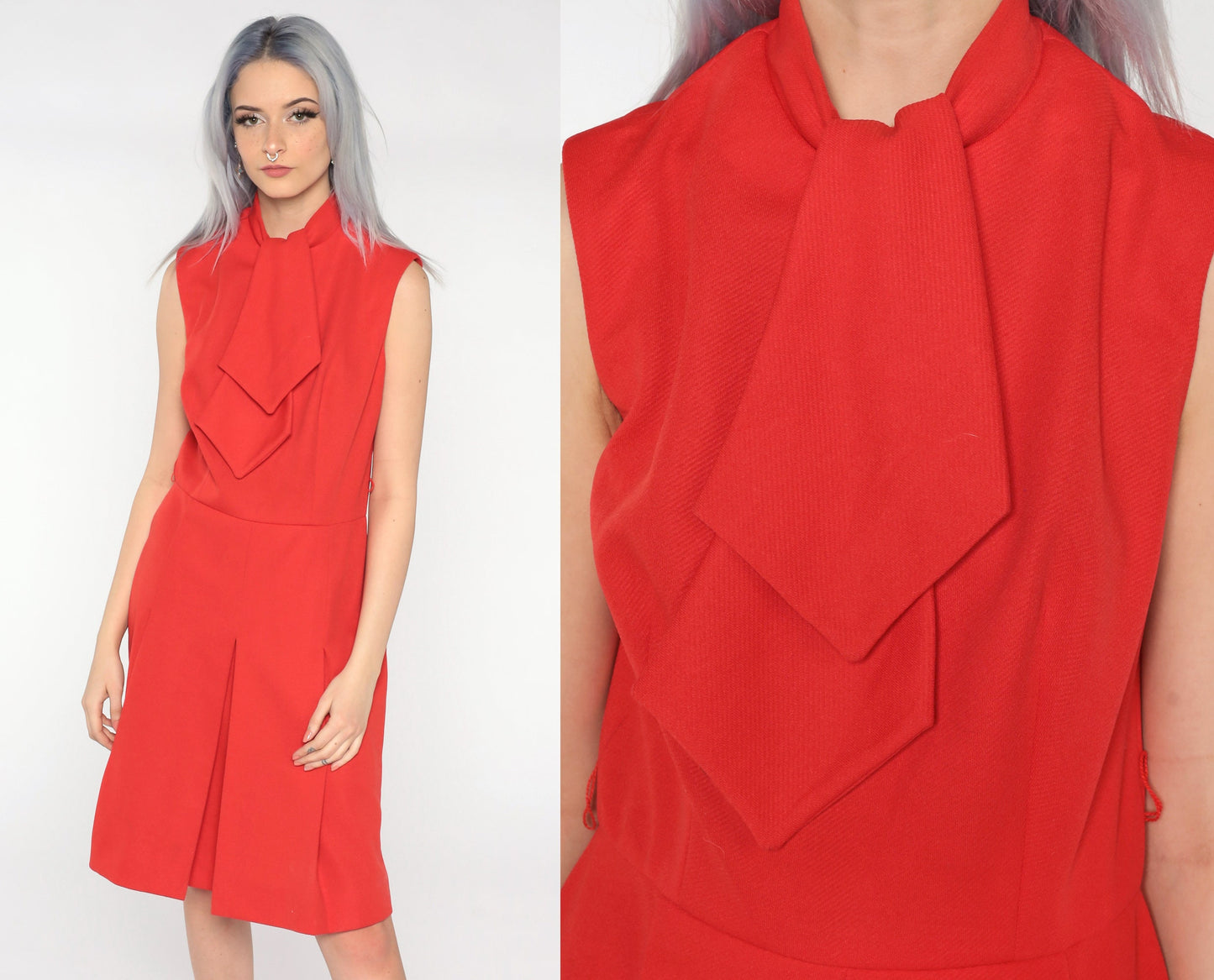 60s Mod Dress Red Ascot Shift Knee-Length Pleated Polyester Small S