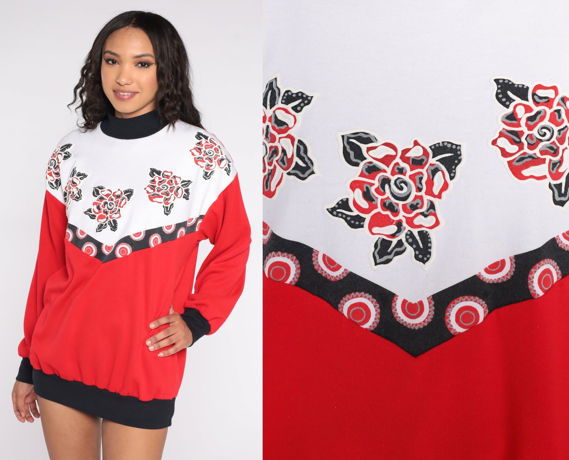 80s Floral Color Block Sweatshirt Red White Black Graphic Crewneck Large
