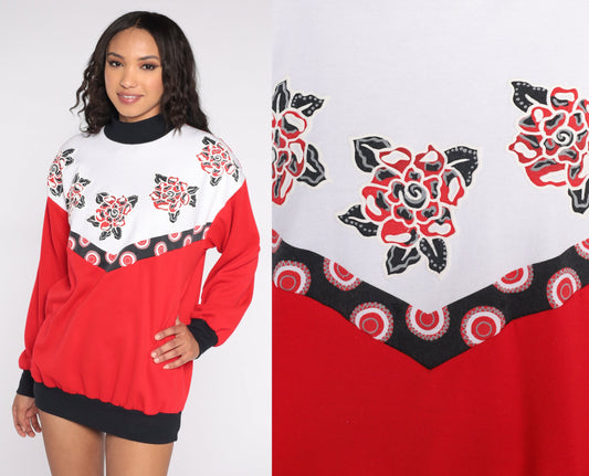 80s Floral Color Block Sweatshirt Red White Black Graphic Crewneck Large