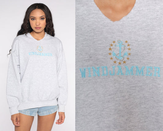 90s Windjammer Nautical Sweatshirt Grey Anchor Sailing Boat Crewneck Large L
