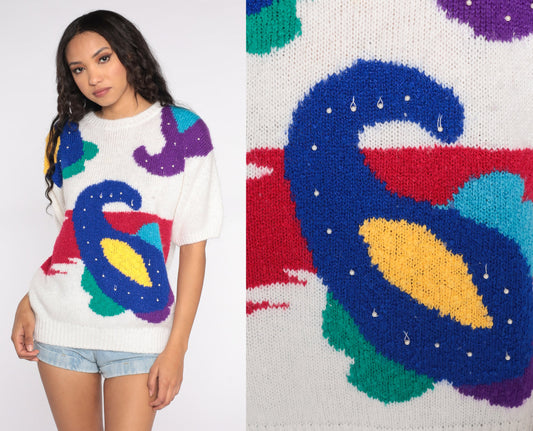 80s Paisley Knit Sweater Beaded Short Sleeve Top Plus Size 22W