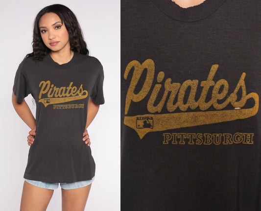 80s Pittsburgh Pirates Baseball T-Shirt Screen Stars Black Medium