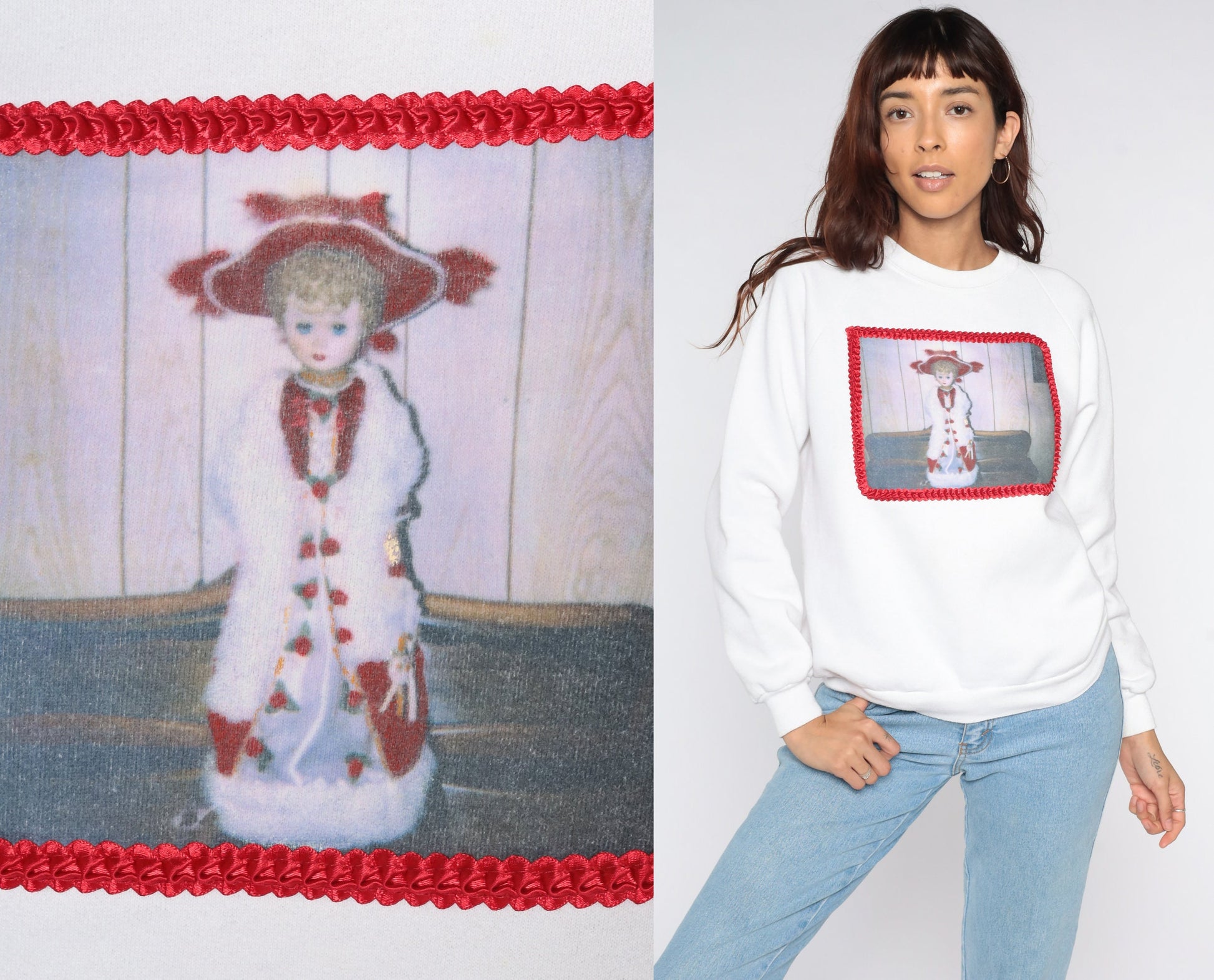 80s Gothic Sweatshirt Victorian Doll Print White Crewneck Small