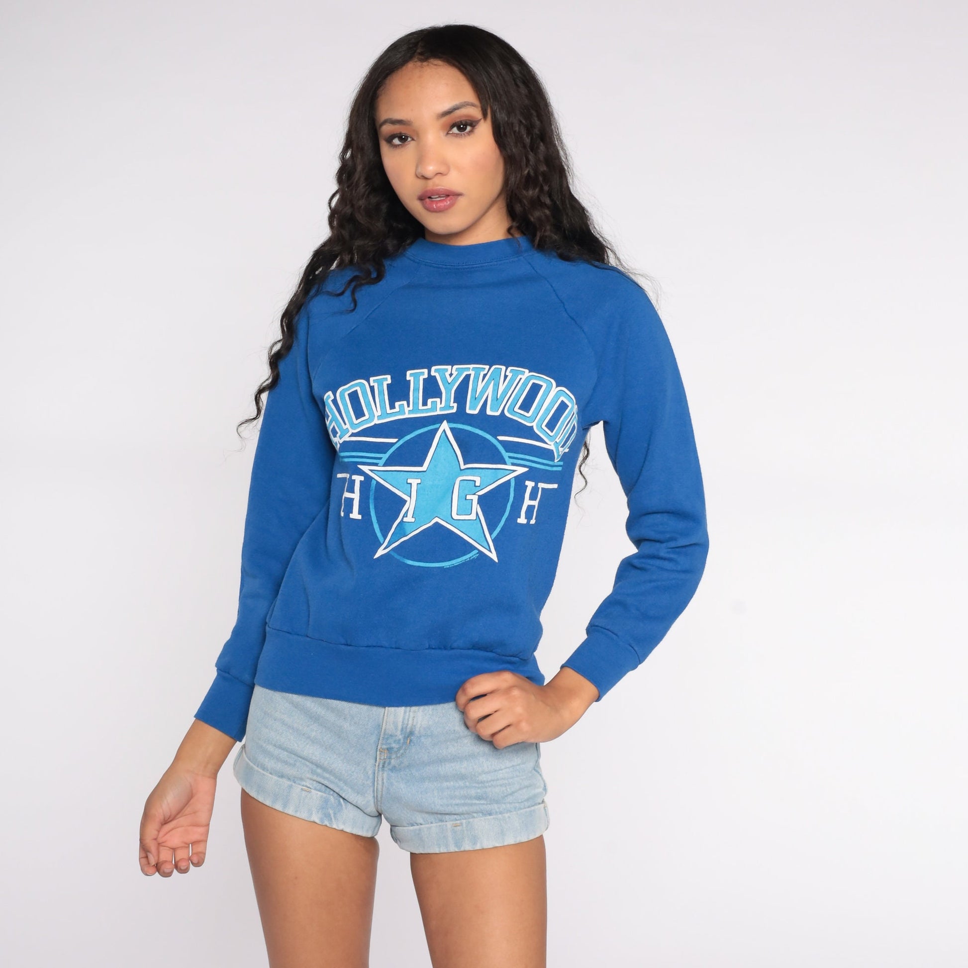 80s Hollywood High Sweatshirt Royal Blue Graphic Raglan Pullover Small