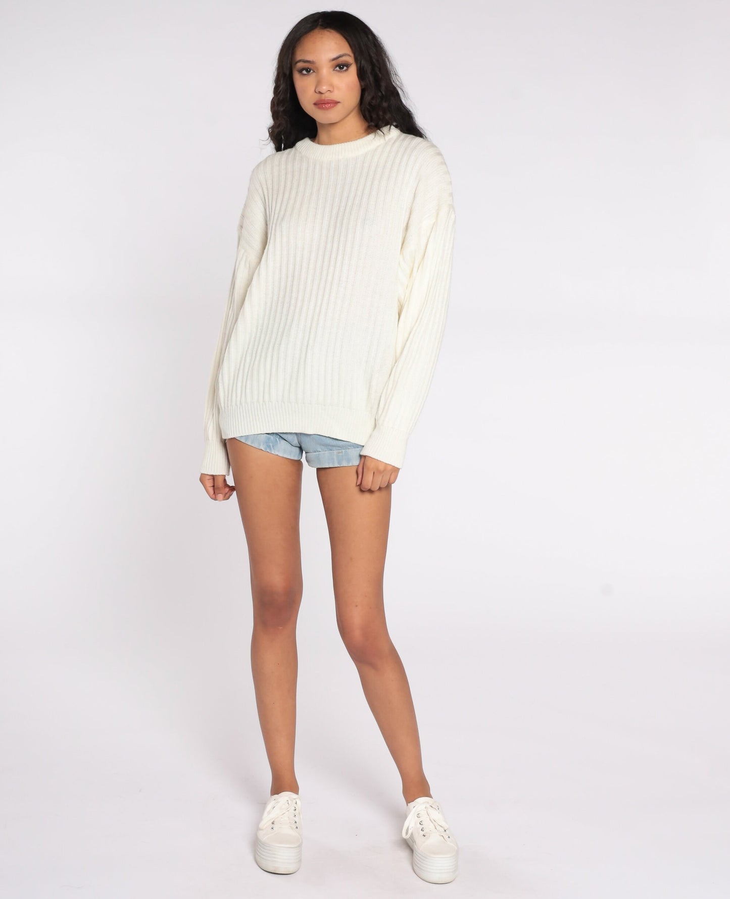 80s Ribbed Cream Knit Crewneck Sweater Men's Large L