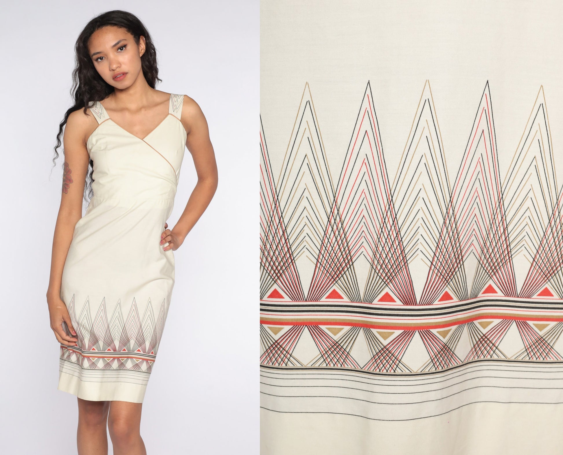 70s Cream Geometric Stripe Mini Dress Sleeveless High Waist Extra Small