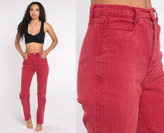 80s Red High Waisted Tapered Mom Jeans Cotton Denim Extra Small XS