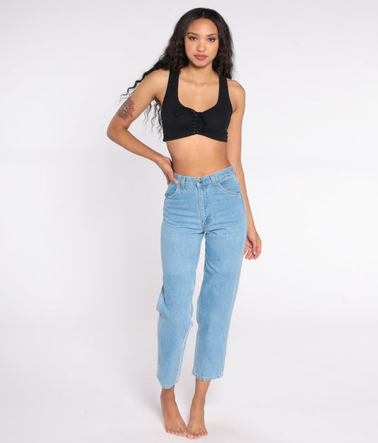 80s High Waist Mom Jeans Light Wash Denim Tapered Rustler Small