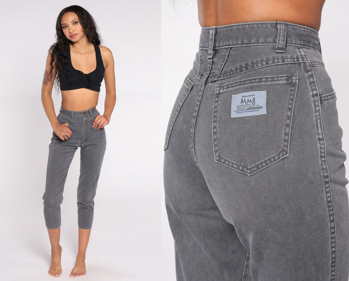 90s High Waist Skinny Ankle Jeans Charcoal Grey Cotton XXS