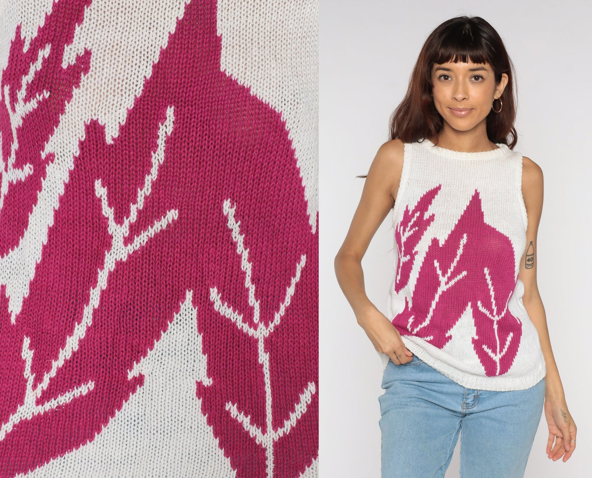 80s Tropical Leaf Knit Tank Top White Ramie Cotton Sleeveless Sweater Medium