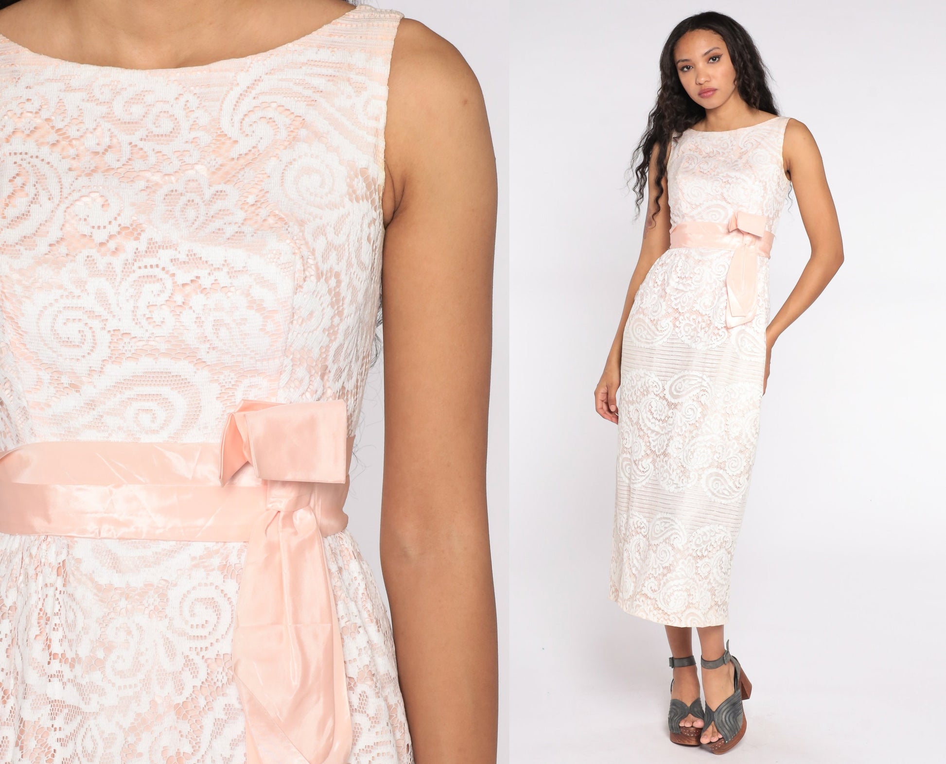 60s White Lace Maxi Dress Empire Waist Pink Bow Sleeveless Extra Small