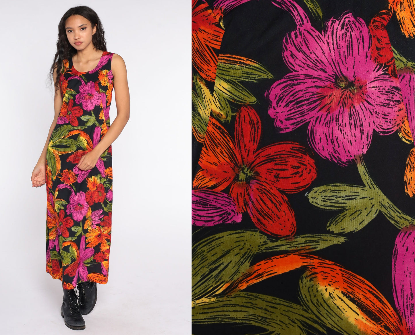 90s Floral Maxi Sundress Sleeveless Shift Black Red Pink Small Medium