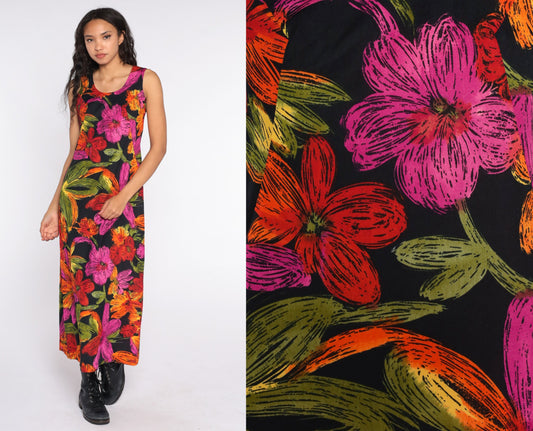 90s Floral Maxi Sundress Sleeveless Shift Black Red Pink Small Medium