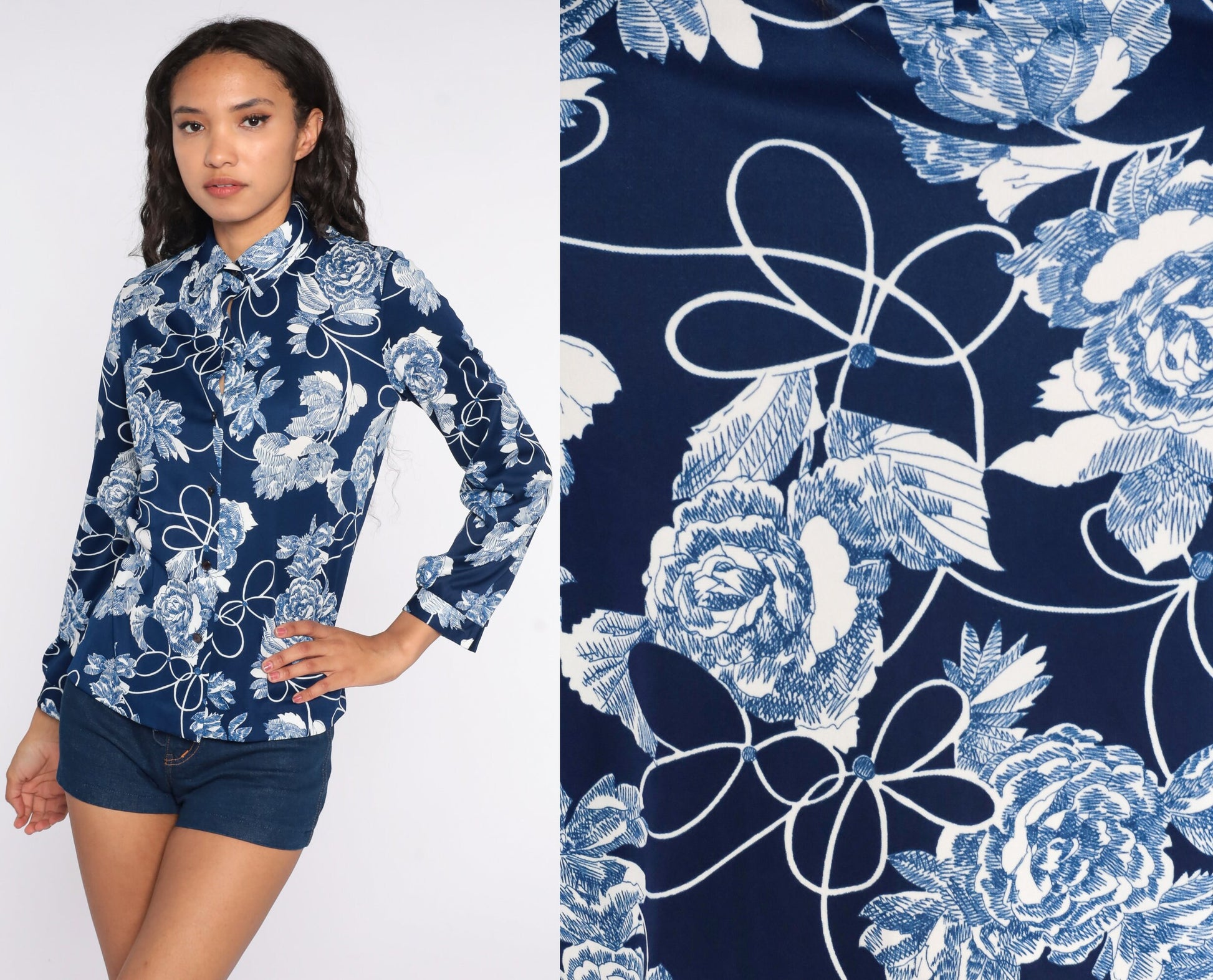 70s Blue Floral Button-Up Shirt Long Sleeve Disco Blouse Small S