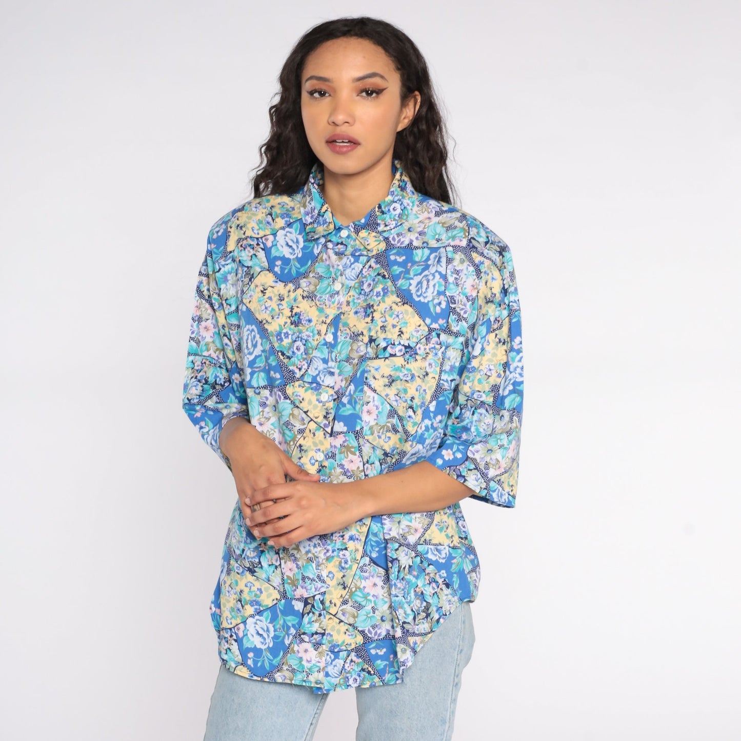 80s Floral Button-Up Blouse Blue Yellow Short Sleeve Shoulder Pads Plus Size 18W