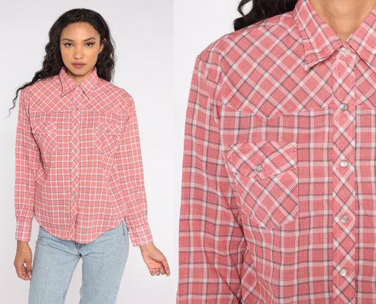 80s Western Shirt Red Plaid Pearl Snap Button Up Medium