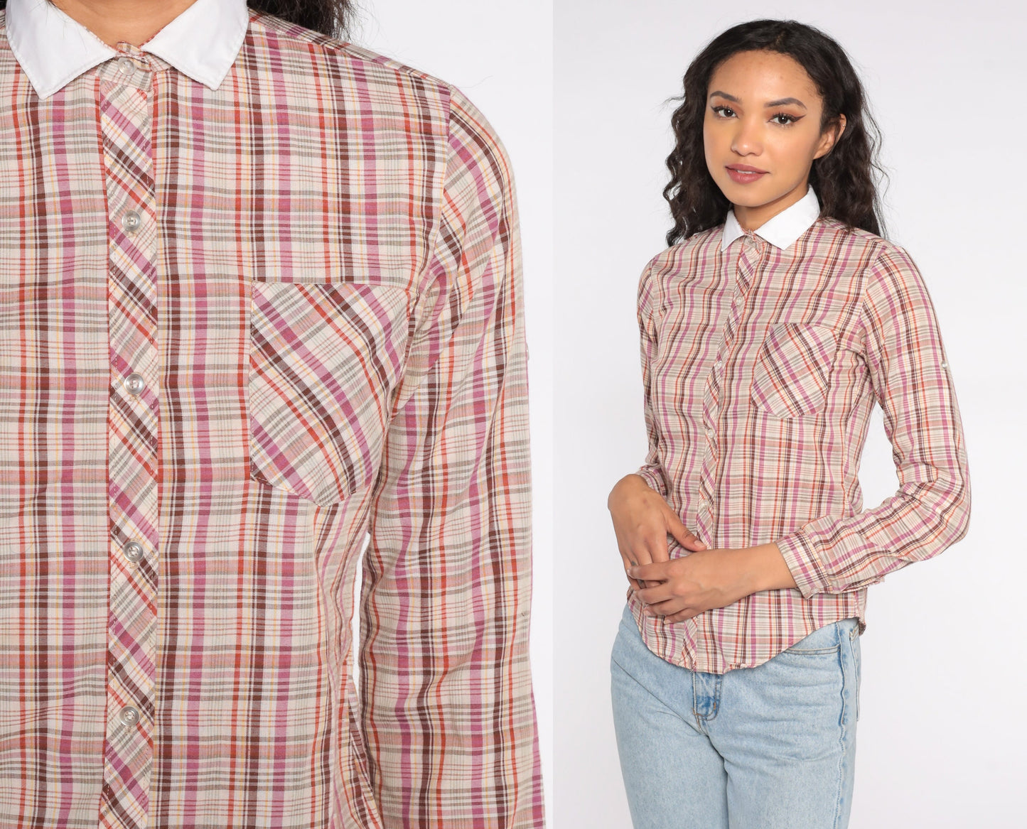 80s Western Plaid Button Up Blouse Purple Red Yellow Checkered Cowgirl Shirt Extra Small XS