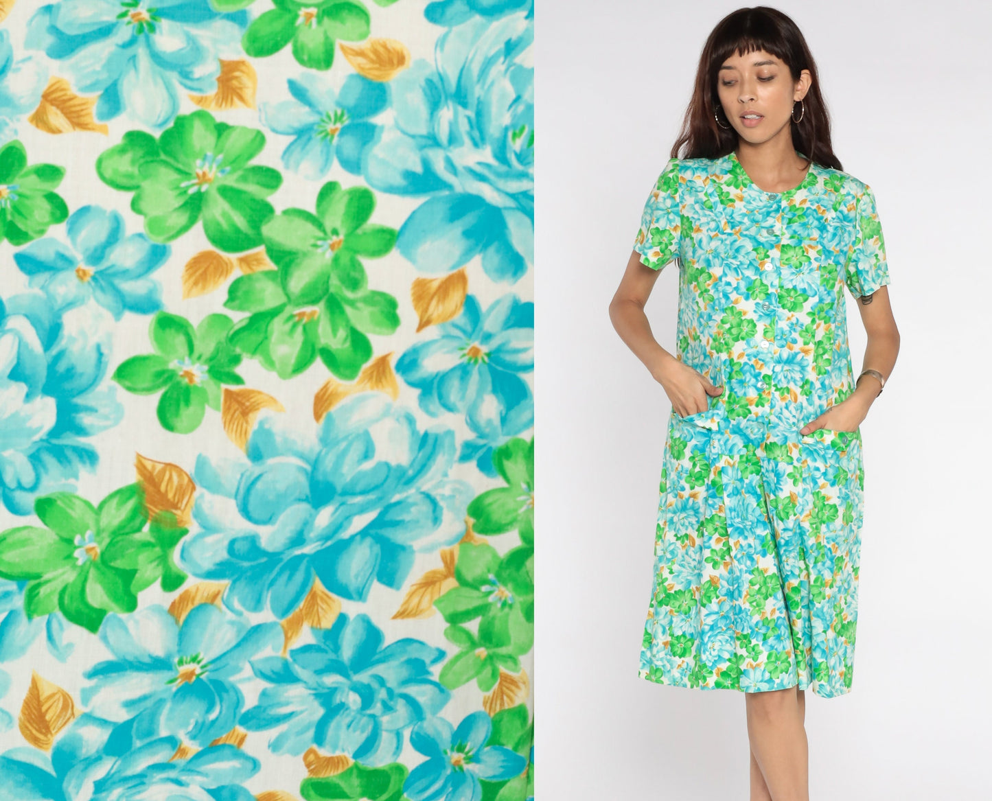 60s Floral Print Button-Up Dress White Blue Green Knee-Length Medium