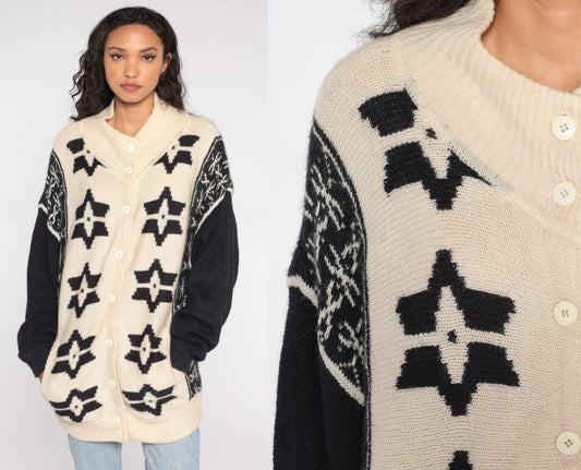 80s Fair Isle Cardigan Off-White Snowflake Knit Button-Up Large L