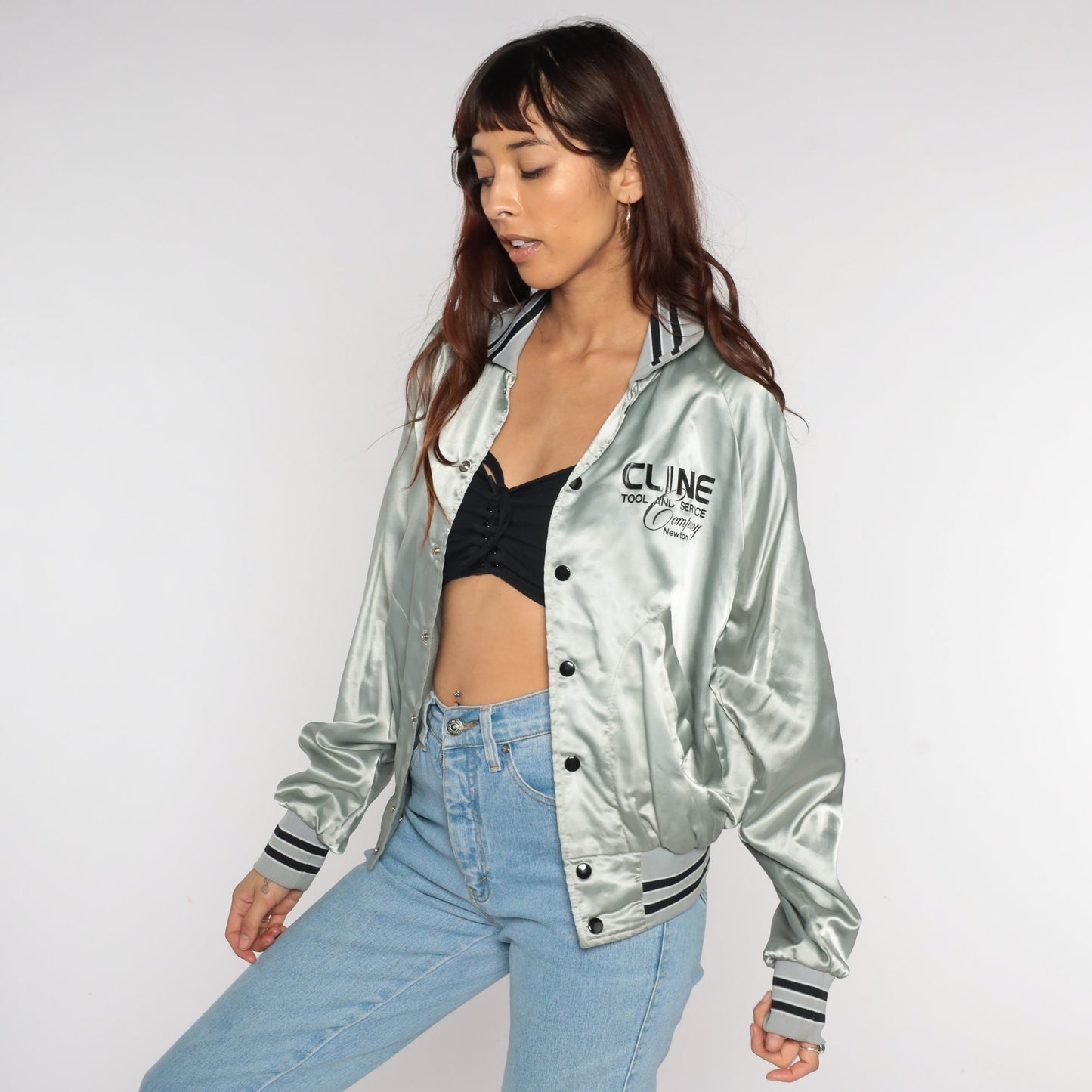 80s Cline Tool and Service Satin Bomber Jacket Silver Small
