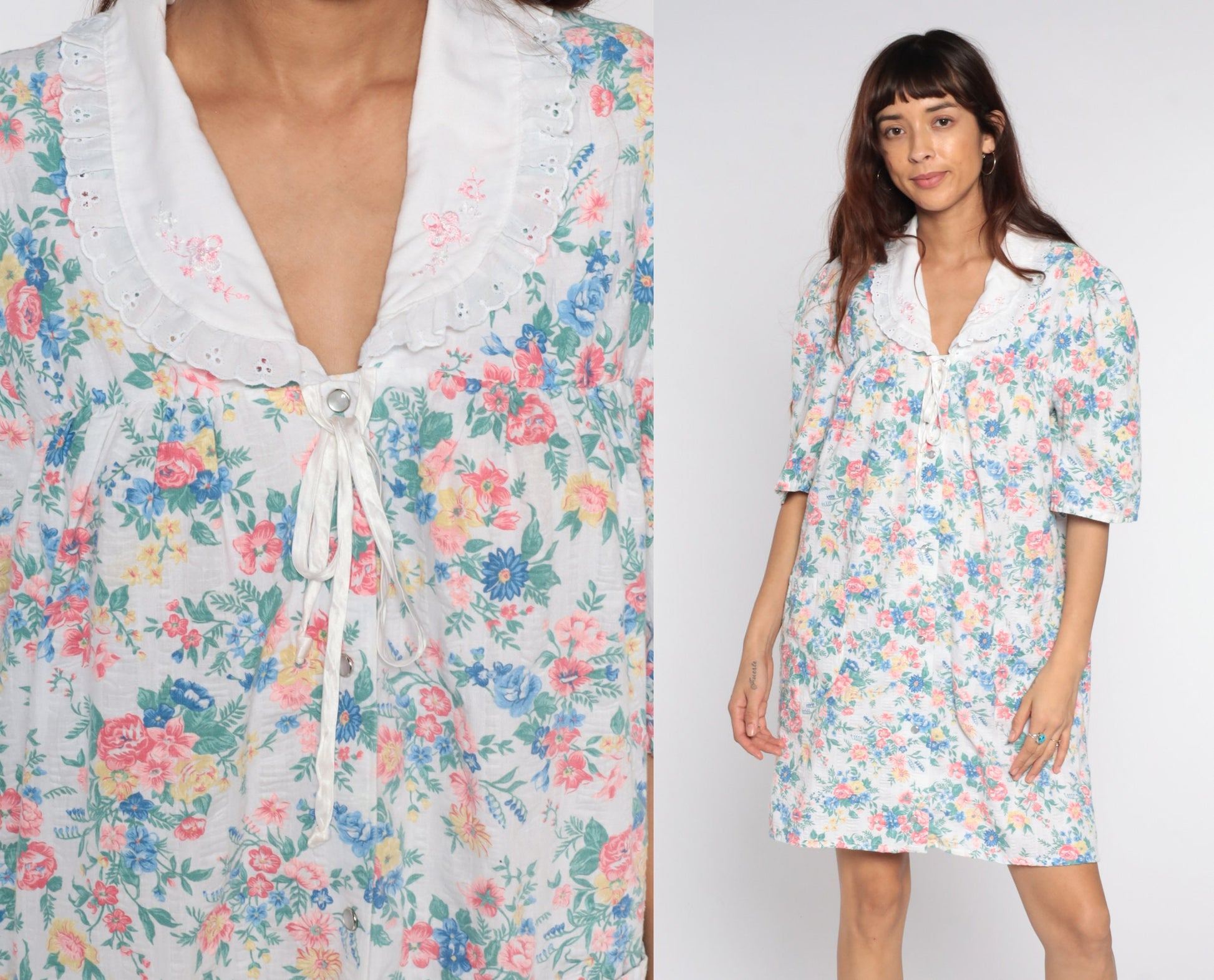 80s Floral Dress with Lace Collar Short Sleeve White Cotton Mini Large L