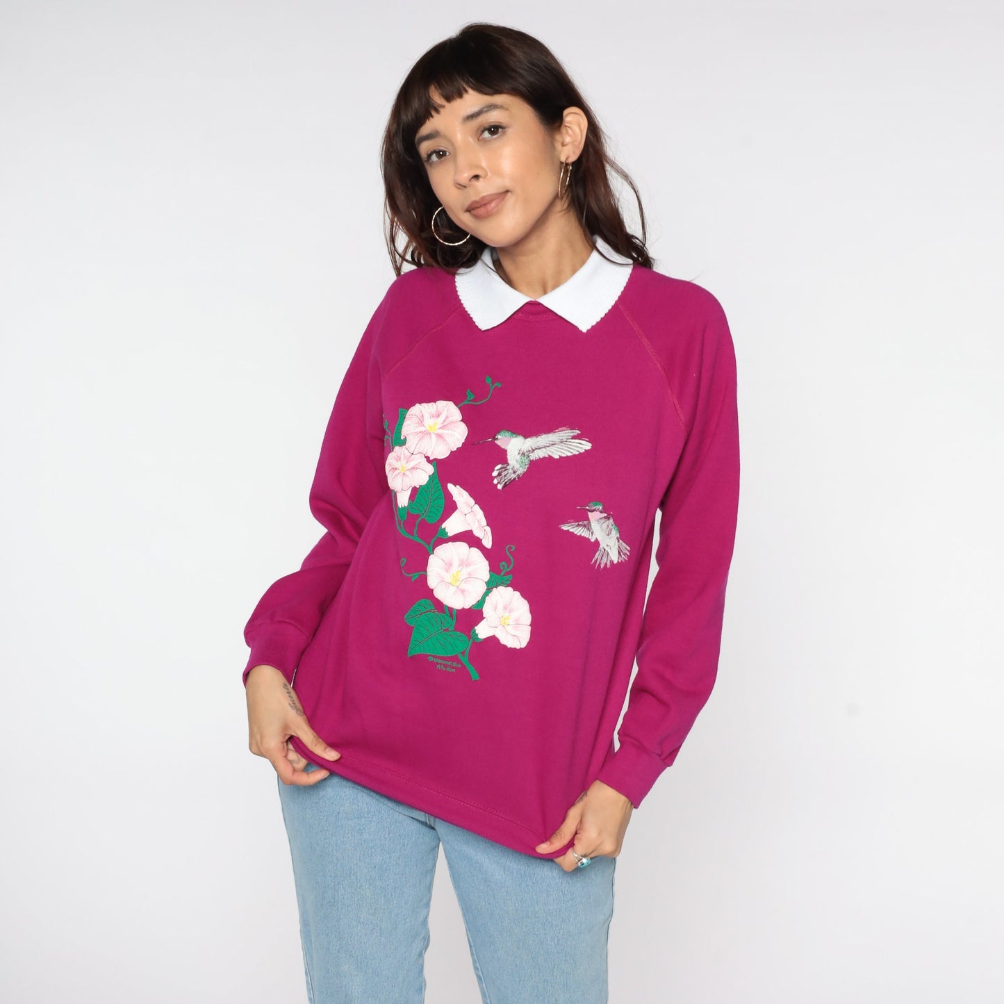 80s Hummingbird Floral Sweatshirt Magenta Graphic Collared Crewneck Medium