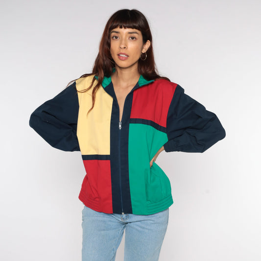 90s Color Block Windbreaker Jacket Navy Red Yellow Green Zip Medium