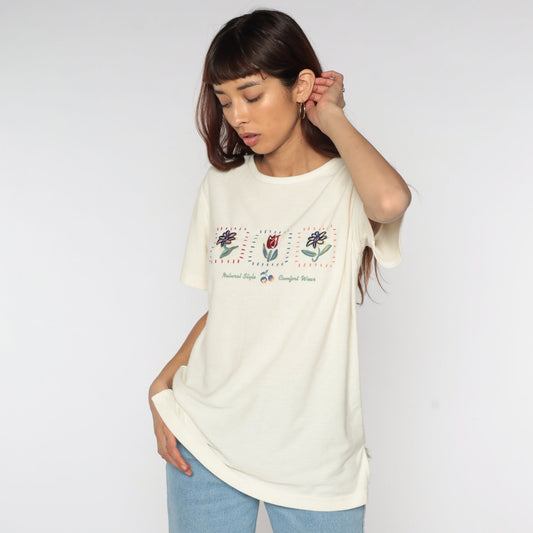 90s Floral Embroidered T-Shirt Natural Style Comfort Wear Graphic Tee Small S