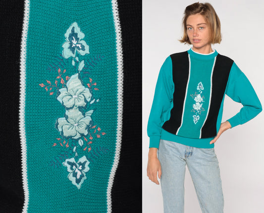80s Turquoise Floral Embroidered Sweatshirt Cotton Pullover Small