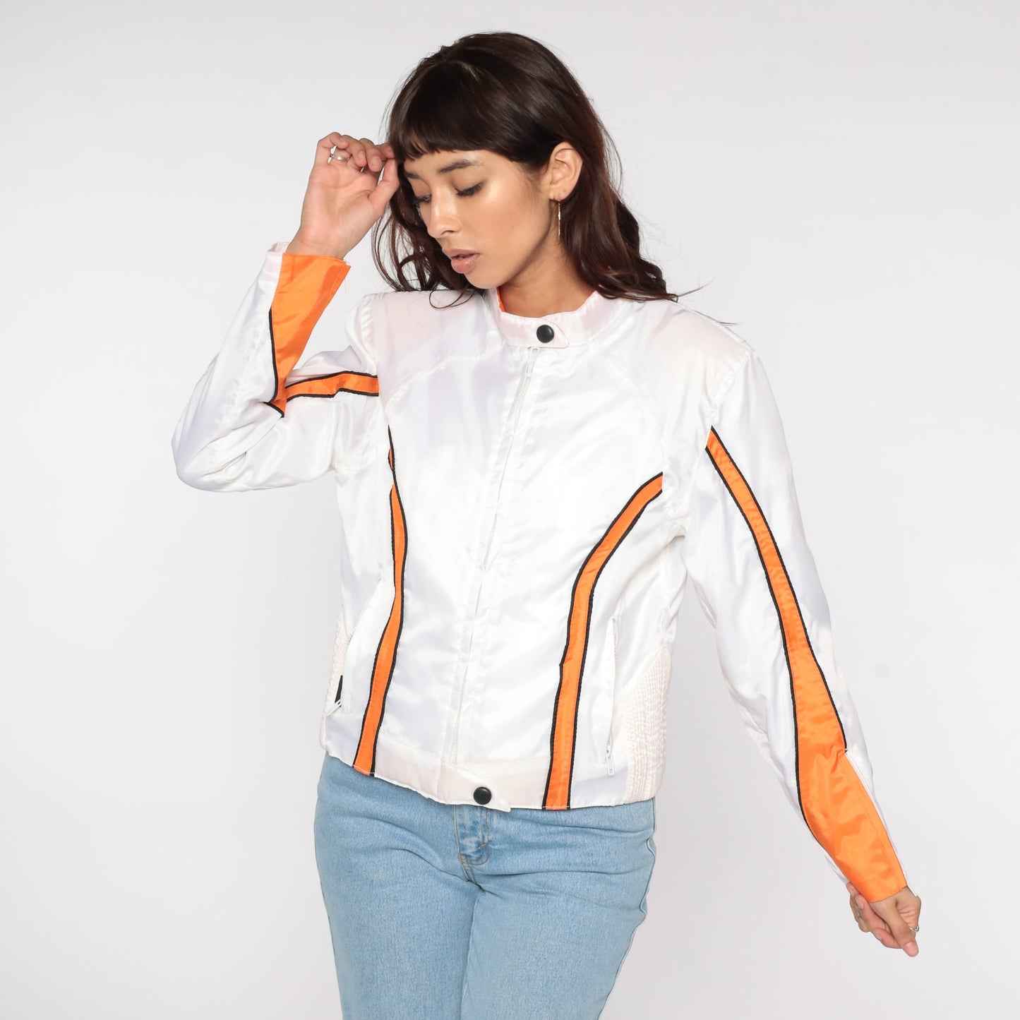 80s White Moto Jacket Orange Stripes Cafe Racer Windbreaker Medium