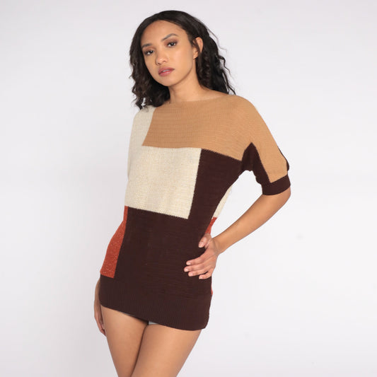 80s Color Block Knit Top Short Sleeve Striped Sweater Cream Rust Brown Small S