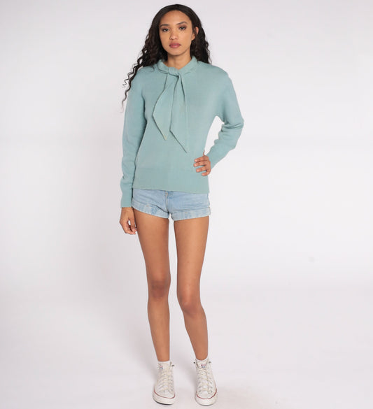 80s Seafoam Blue Ascot Sweater Knit Pullover Large L