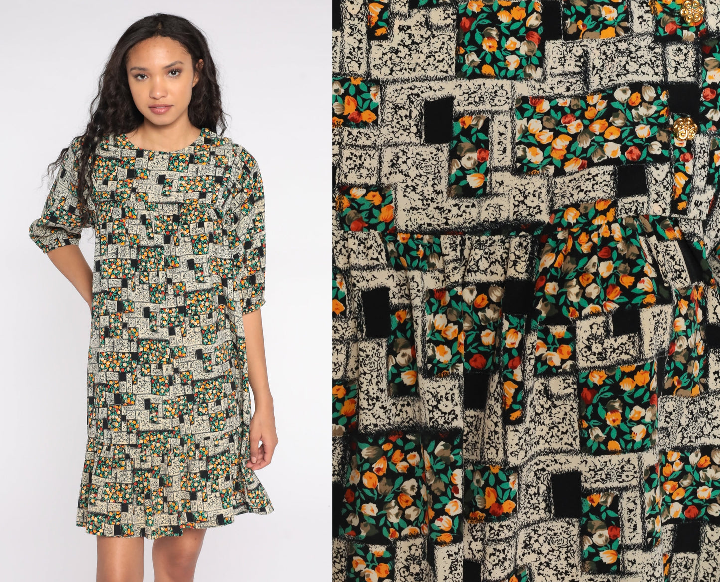 80s Floral Mini Dress Tent Cut Puff Sleeve Black Green Small S