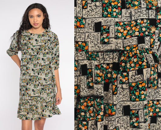 80s Floral Mini Dress Tent Cut Puff Sleeve Black Green Small S