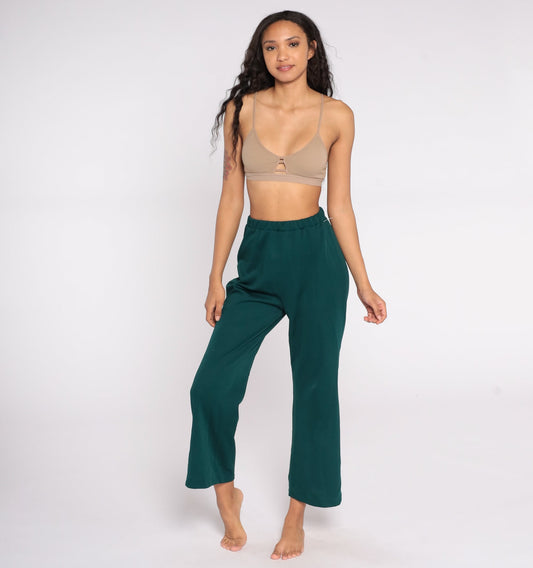 70s Green Bell Bottom Trousers High Waist Flared Polyester Small Medium