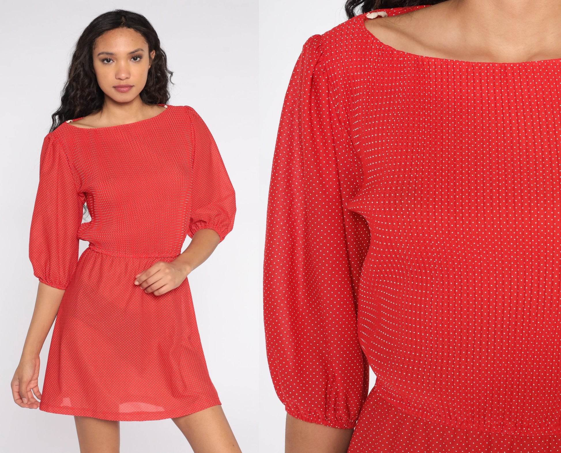 80s Red Polka Dot Mini Dress Puff Sleeve High Waisted Medium